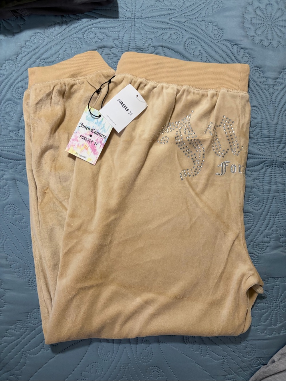 Juicy Couture Beige Velour Track Pants with Rhinestone Logo